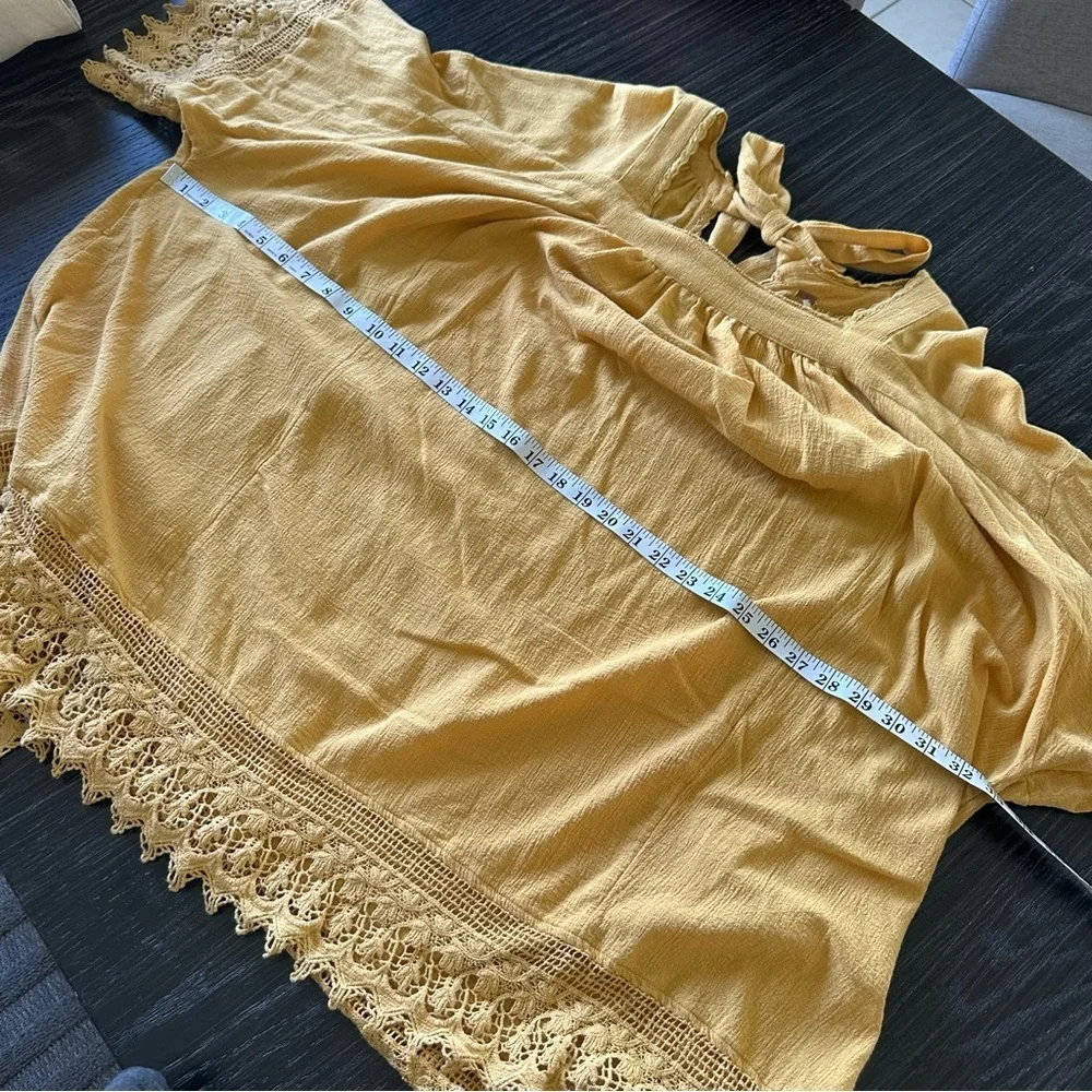 Free People Golden Yellow Oversized Crochet Trim Tie Back Tunic Dress, Large